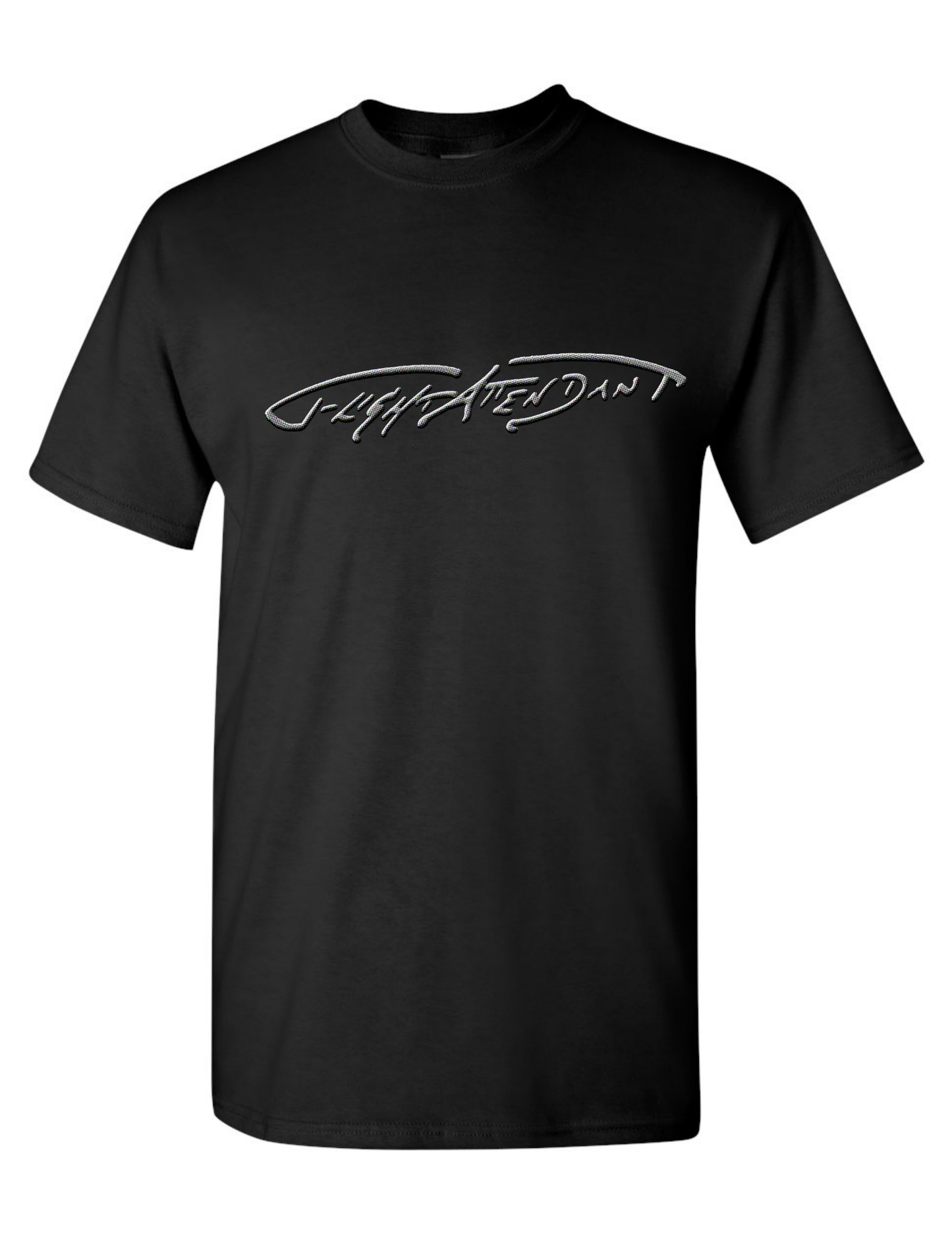 black cotton t-shirt with a hand written text logo that says "Flight Attendant"