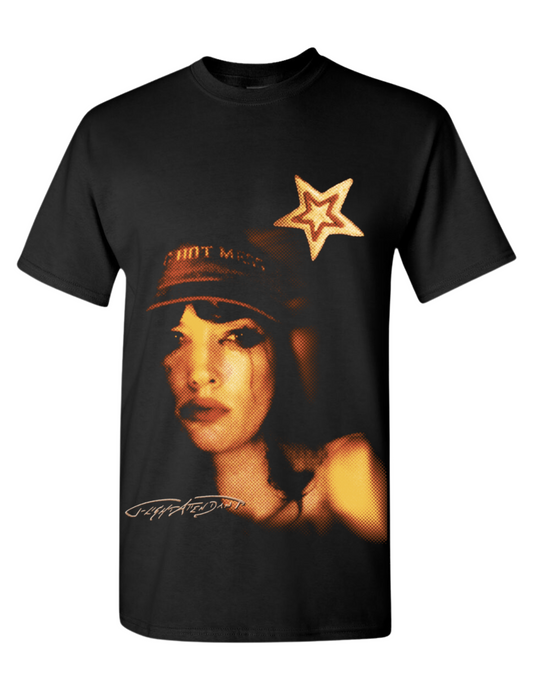 black t-shirt with a posterized picture of the singer's face (Karalyne Winegarner)