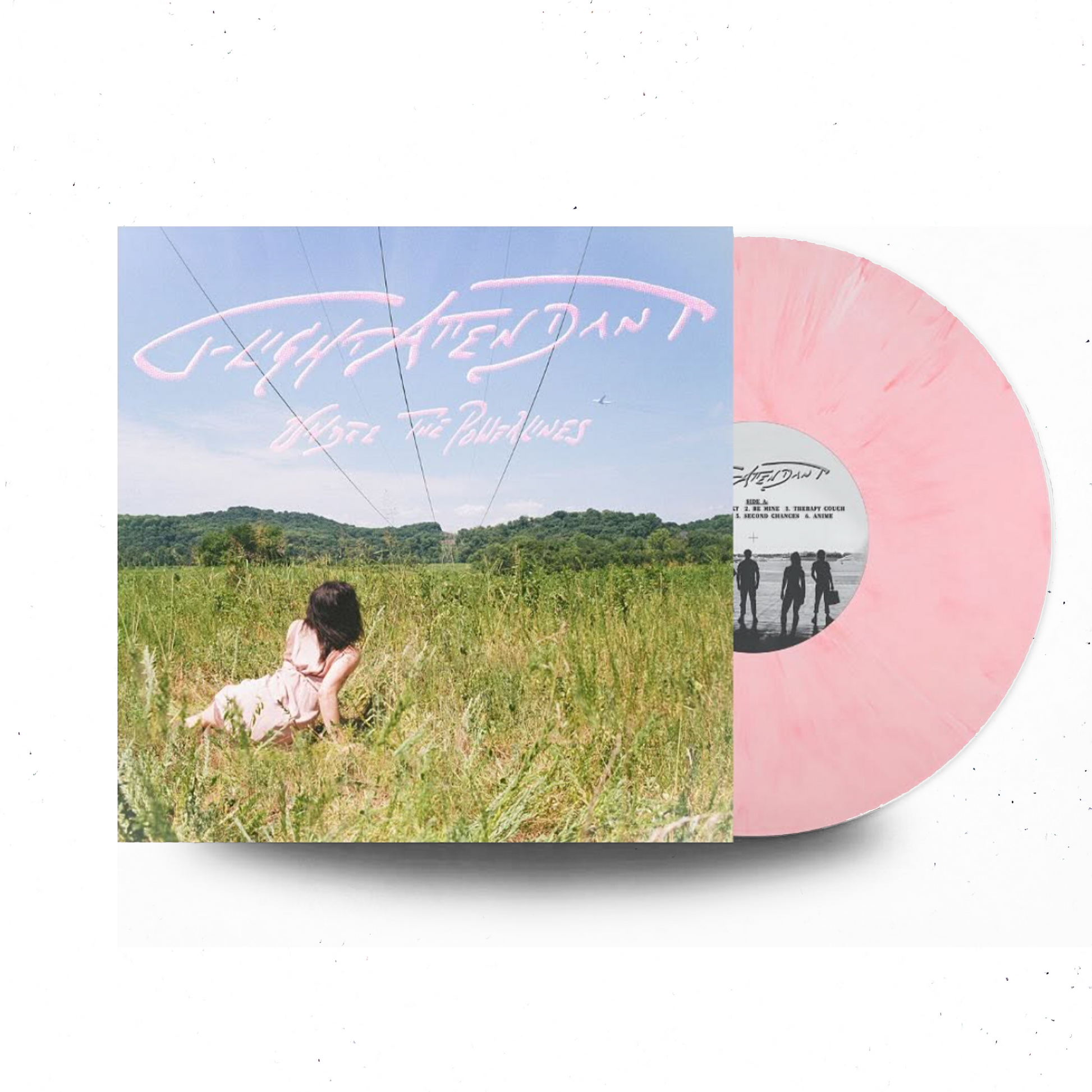 vinyl  record album that depicts a girl laying in the grass underneath powerlines and a blue sky. the vinyl itself is a marble pink color.